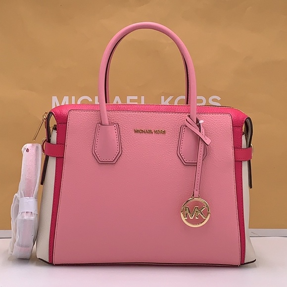MICHAEL KORS Mercer Md Top ZipColor-Block Belted Satchel Crossbody Purse El Pink - Picture 3 of 16